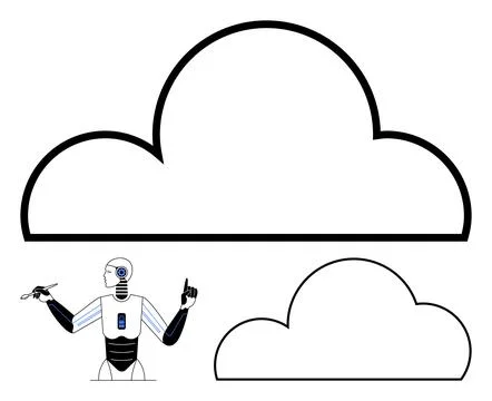 Robot gesturing beneath large and small cloud outlines. Ideal for cloud compu Stock Illustration