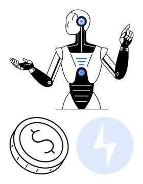 Robot gesturing with energy bolt and coin icon elements, signifying AI impa.. Stock Illustration