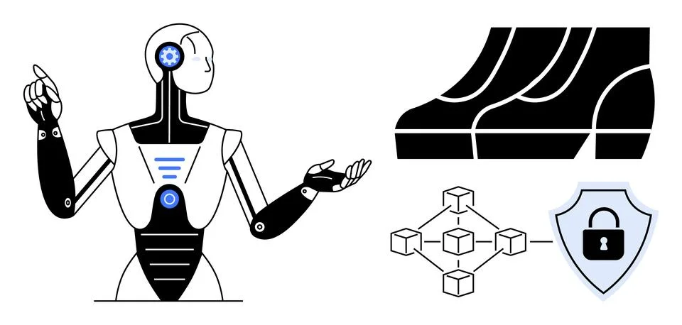 Robot gesturing toward a blockchain network, shield with lock icon symbolizin Illustrazione stock