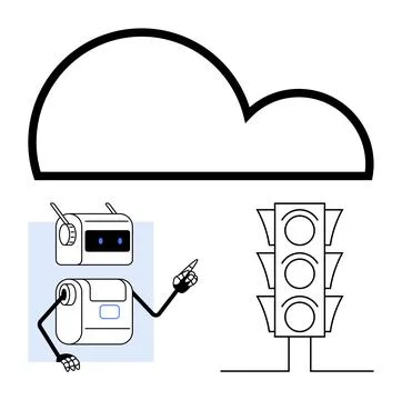 Robot Gesturing Toward Traffic Light Below Cloud Outline, Emphasizing AI an.. Stock Illustration