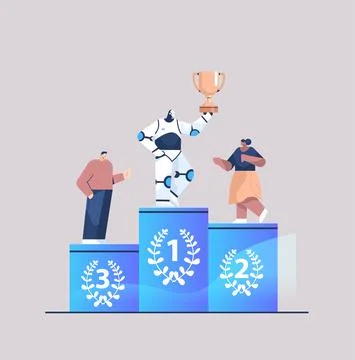 Robot getting first place and trophy cup businesspeople loosing to automated Stock Illustration