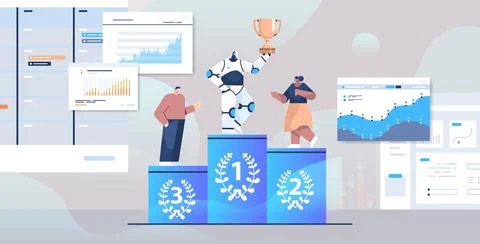 Robot getting first place and trophy cup businesspeople loosing to automated Stock Illustration