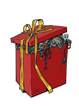 Robot in a gift box artificial intelligence, new year and christmas, birthday Stock Illustration
