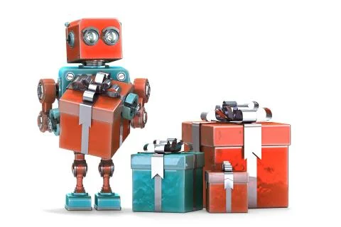 Robot with gift boxes. Isolated. Contains clipping path. Stock Illustration