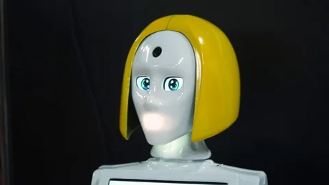 Robot girl with realistic head and Stock Video Pond5