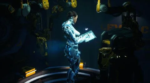 Robot girl works with a computer tablet in her laboratory. The woman was created 스톡 일러스트