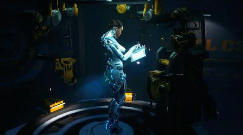 Robot girl works with a computer tablet in her laboratory. The woman was created 스톡 일러스트