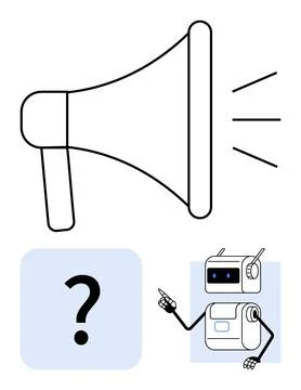 Robot Giving a Presentation with Megaphone and Question Mark in a Minimalis.. Illustrazione stock