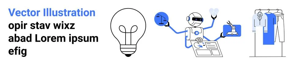 Robot with globe and light bulb, laptop with graphs, and clothes on rack. Ide Stock Illustration