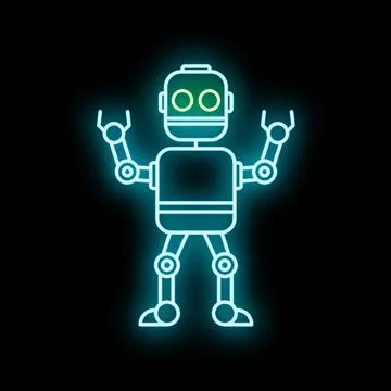 Robot glowing with blue neon light on a dark background Stockillustratie