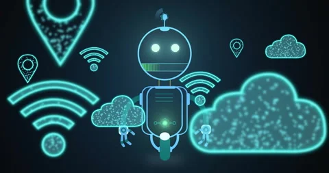 Robot with glowing eyes and cloud icons, futuristic technology animation Stock Footage 306339342