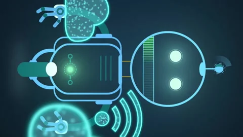 Robot with glowing eyes and cloud icons, futuristic technology animation Stock Footage 313321166