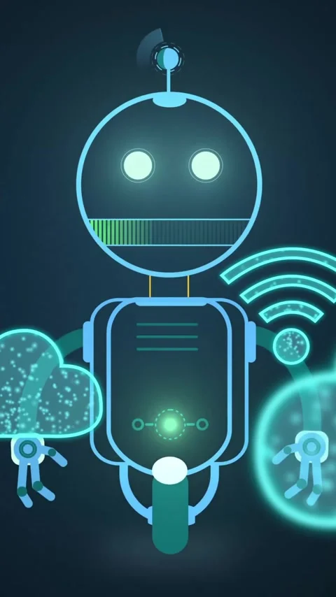 Robot with glowing eyes and cloud icons, futuristic technology animation Stock Footage 320093320