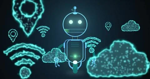 Robot with glowing eyes and cloud icons, futuristic technology image Stock Photos