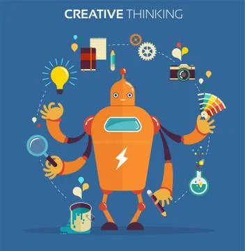 Robot graphic designer - creative thinking Stockillustratie