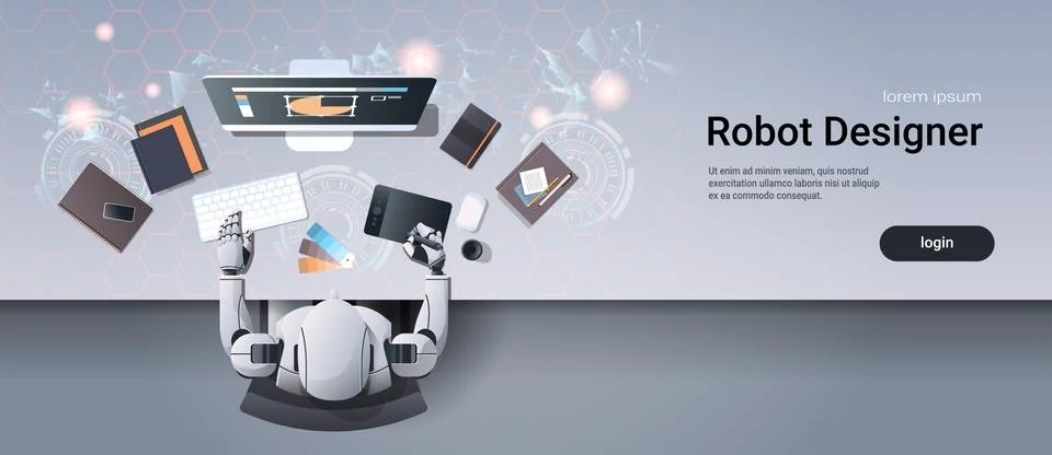Robot graphic designer sitting at creative design studio workplace desk office Ilustración de archivo
