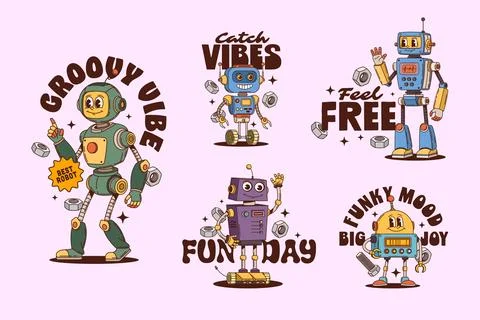 Robot groovy characters stickers t shirt prints Stock Illustration