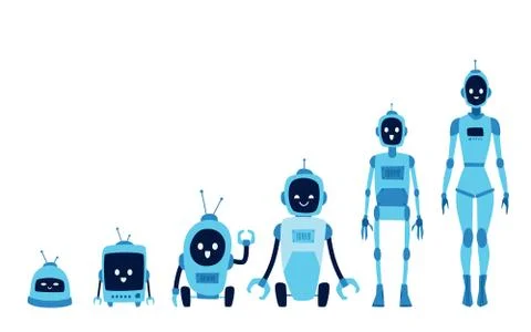 Robot growth evolution set - steps of technology development from small Stock Illustration