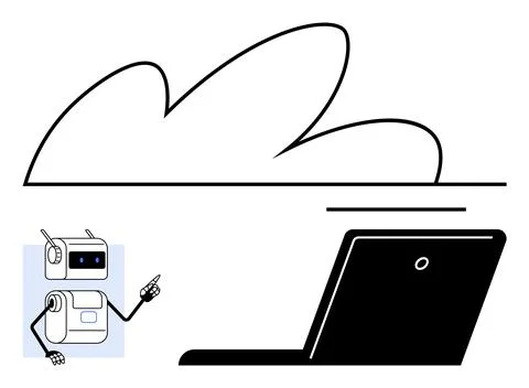 Robot guiding laptop under a cloud emphasizes cloud computing and AI technolo 스톡 일러스트