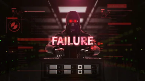 Robot Hacker working on a computer, 'FAILURE' artificial intelligence, 4K. Stock Footage 94074383