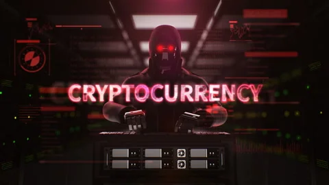 Robot Hacker working on a server computer with typo 'CRYPTO CURRENCY', 4K. Stockbeeldmateriaal 96410131