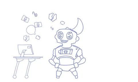 Robot hacking private database from computer hacker bot data theft concept Stock Illustration