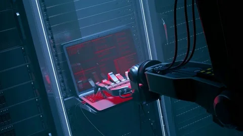 Robot hacking servers. AI hacker. Mechanical robot hand typing on the laptop. Stock Footage 201166105