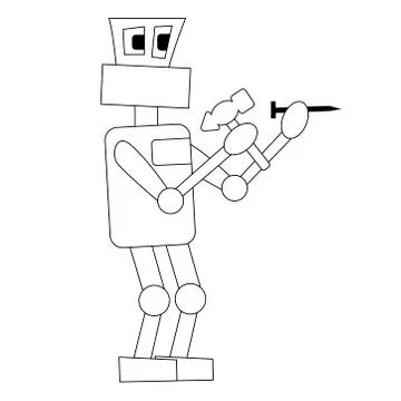 The robot is hammering a nail at work. Isolated outline vector illustration Stock Illustration