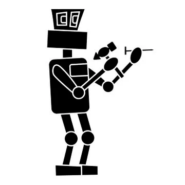The robot is hammering a nail at work. Isolated simple vector illustration Stock Illustration