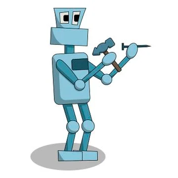 The robot is hammering a nail at work. Isolated cartoon illustration Stock Illustration