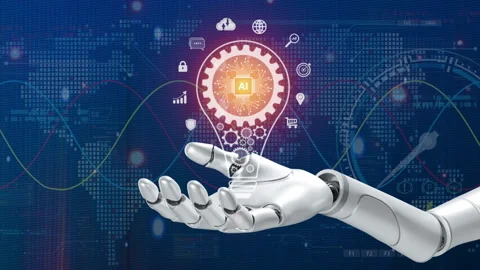 Robot hand with AI artificial intelligence icon in glowing light bulb. Stock-Footage 235575783