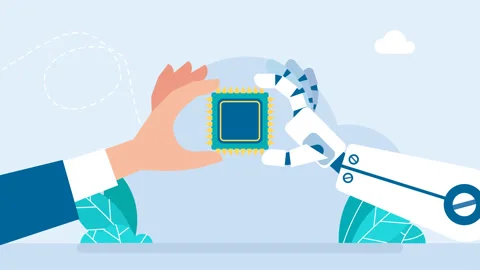 Robot hand and human hand holding processor, chip, AI, neural network Stock Footage 256091715