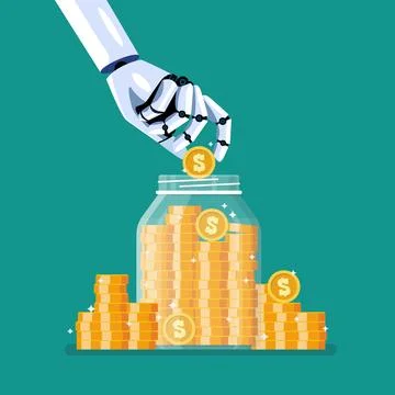 Robot hand and saving coins in glass jar 스톡 일러스트