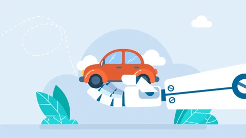 Robot hand appears with a car in its palm. White robot is holding a tiny red car Video stock 263295061