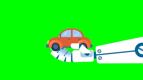 Robot hand appears with a red car in its palm. White robot holds car. Autopilot Stock Footage 275252567