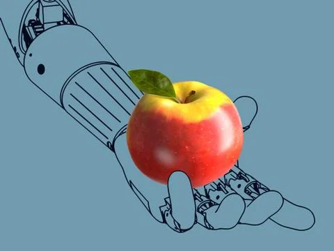Robot hand with an apple Illustrazione stock
