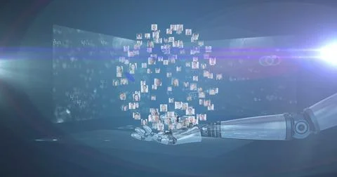 Robot hand arranges tiny photos into a cube in a digital space Stock Photos