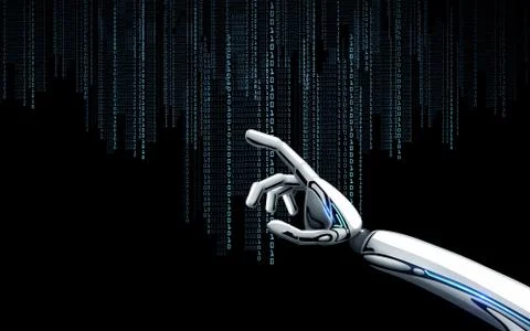 Robot hand with binary code over black background Stock Illustration