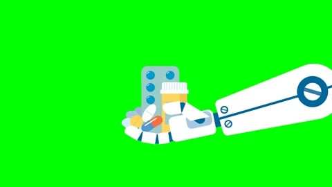 Robot hand with different medicines. Tablets in blister. Ampoule with medicines Stock Footage 254660620