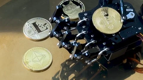 Robot Hand Displaying Bitcoin, Ethereum, Litecoin Coins Stock Footage 306251218
