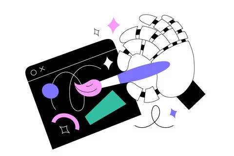 Robot hand drawing an artwork in window, holding a brush. Artificial Stock Illustration