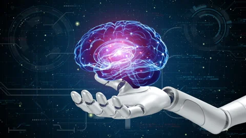 Robot hand with glowing brain on future virtual background. Stock Footage 236928368