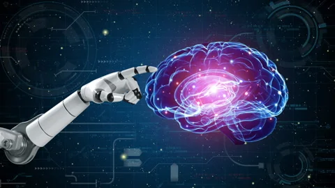 Robot hand with glowing brain on future virtual background. Stock Footage 236928369
