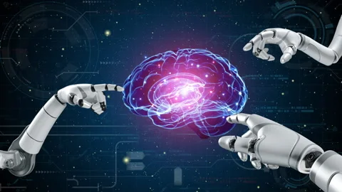 Robot hand with glowing brain on future virtual background. Stock Footage 237853090