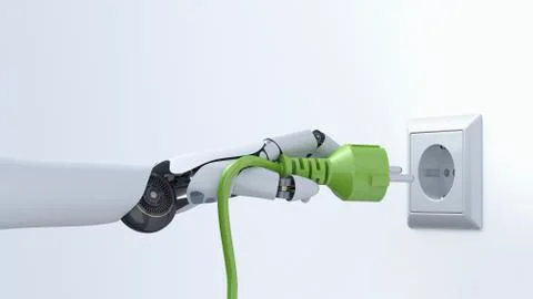Robot hand with green plug, plug socket, 3D Rendering イラスト素材
