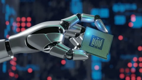 Robot hand hold computer chip for semiconductor and AI industry Stock Footage 265759201