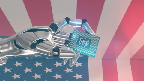 Robot hand hold computer chip for semiconductor in USA flag Stock Footage 265759802