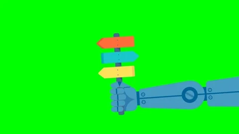 Robot hand hold road sign with arrows or ways of development. Machine learning Stock Footage 333321077