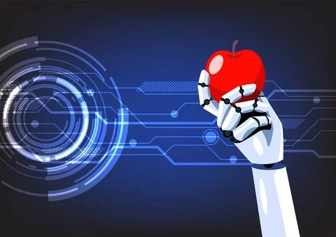 Robot hand is holding an apple on abstract technology background Illustrazione stock