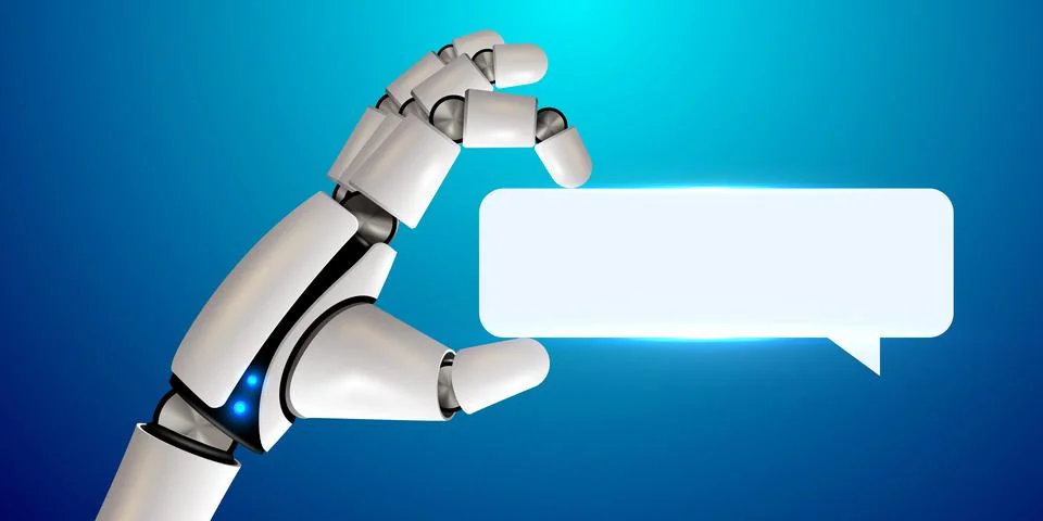 Robot hand holding chat bubble. Chat bot. Technology, machine learning, neural Stock Illustration